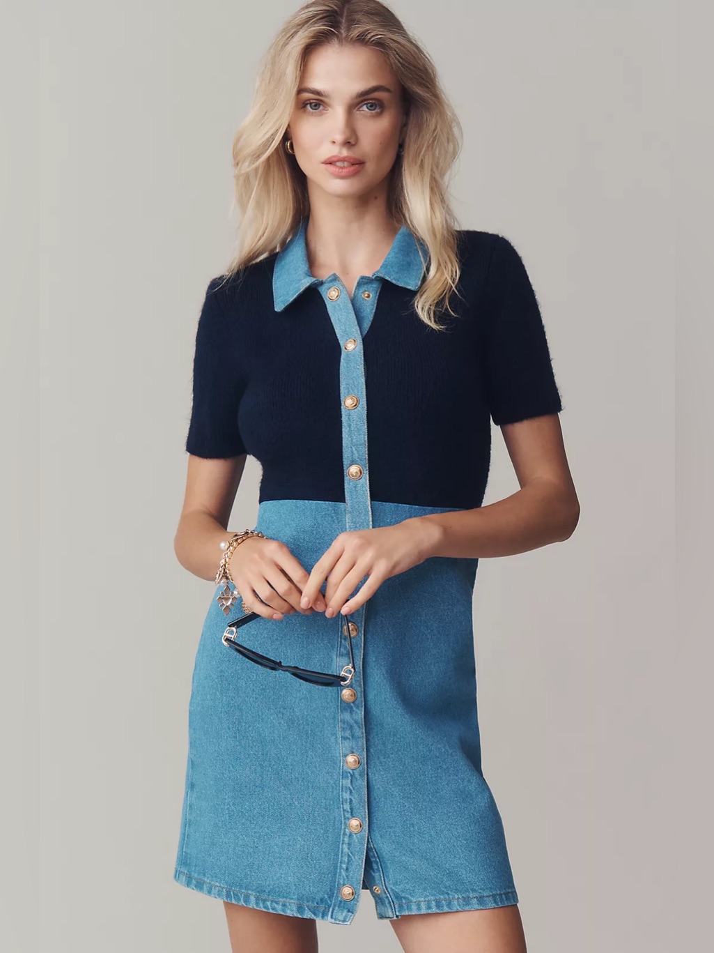 Anthropologie Pilcro Denim Sweater Shirt Dress Navy Top & Gold Buttons Small Nwt